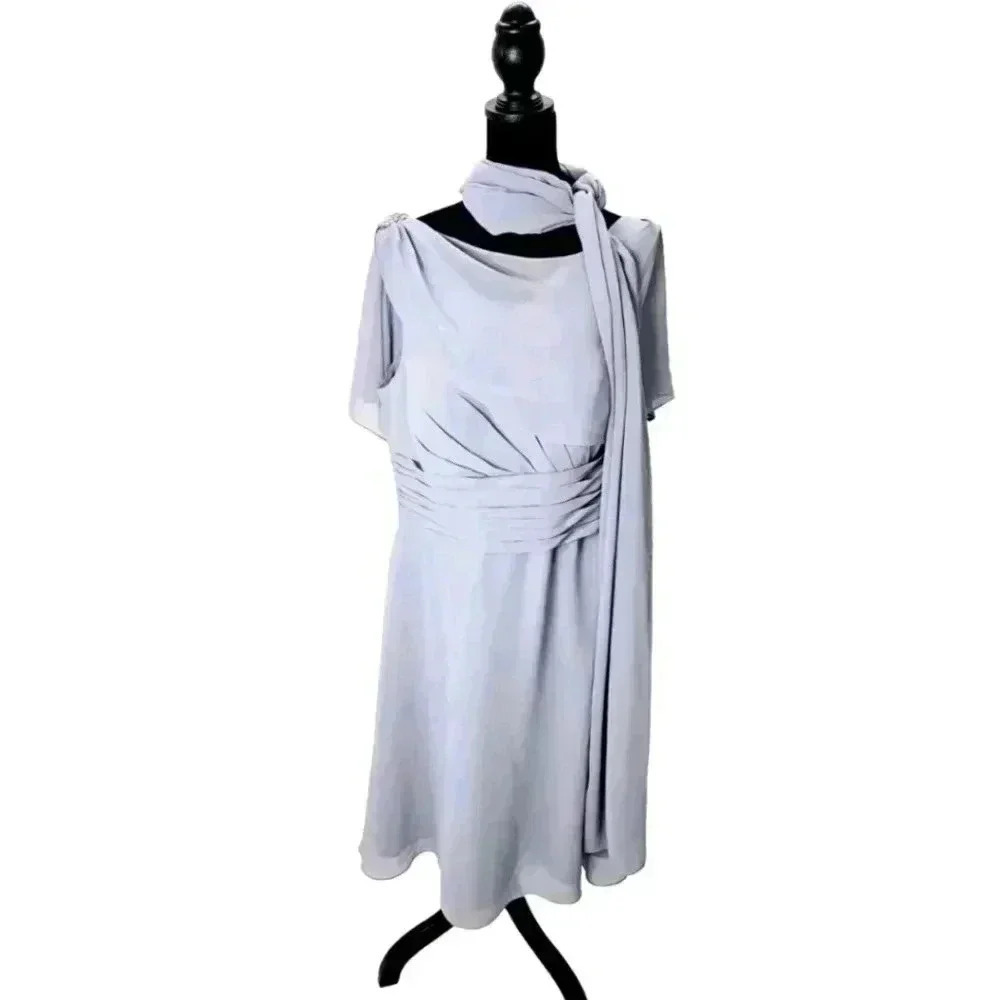 Azazie Keely Dusty Blue Chiffon Dress A16 Built In Bra Grecian Drape Formal